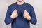 Closeup cropped picture photo portrait of satisfied confident guy pointing on himself self wearing casual pullover isolated grey