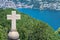 Closeup of a cross on a church rooftop