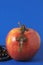 Closeup of a cross with Jesus Christ portrayed on it placed on a red apple on a blue background