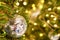 Closeup Crystal balls Decorated on Pine Tree on Christmas night with blurry background