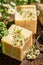 Closeup of cubes of chamomile soap good for skin