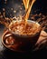 A closeup of a cup of coffee pouring out liquid, captures the em