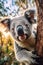 Closeup of a cute koala hanging on a Eucalyptus tree, AI-generated.