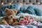 closeup cute toy teddy bear on cozy bed with pink roses bouquet on blurred bokeh background