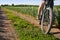 Closeup of cyclist man legs with mountain bike on outdoor trail in the summer field.