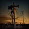 closeup of damaged power line with electricity flickering at dusk