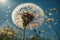 closeup Dandelion with seeds blowing away in the wind. ai generative