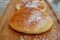 Closeup delectable pancakes with icing sugar on the wooden plate