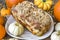 Closeup of delicious apple loaf freshly baked on white plate wit