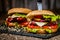 Closeup of delicious burgers with beef, cheese, tomato and lettuce on stone board. Selective focus