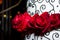 Closeup of a delicious cake decorated with red roses with a blurry background