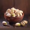 Closeup of delicious roasted salted pistachios on wooden background