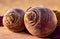 Closeup detail of two rutabagas root vegetables