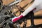 Closeup detailed look at bicycle wheel gear shifting mechanics during maintenance repairs, toothbrush brushing over parts