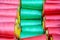 Closeup of the details of the colorful threads in a shop