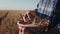 Closeup details old man farmer in the middle of a golden wheat field holding a box with a wheat grain in hand playing