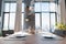 closeup of dining table in luxurious loft apartment with floor-to-ceiling windows and panoramic view modern minimalistic interior