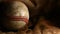 Closeup of a dirty, old baseball with red seams on a brown leather glove.