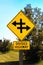 Closeup of a divided highway warning sign