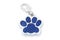 Closeup dog collar metal tag shaped in form footprint isolated on white background.