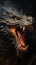 Closeup of a dragon\\\'s mouth open wide with teeth showing, in a h