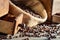 Closeup of a drawer full of ground coffee