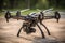 closeup of a drone on wheels with propellers and remote control