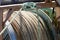 Closeup of drum of old worn hemp rope coils