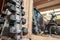Closeup dumbell on the rack in fitness club with mirror reflection, fitness concept