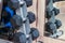 Closeup dumbell on the rack in fitness club with mirror reflection, fitness concept