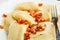 Closeup dumplings sprinkled with pork scratchings food background