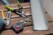 Closeup dusty construction building tools on the scaffolding, puncher, drill, perforator, in the box, cutter on background