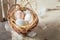 Closeup of ecological eggs in old wicker basket