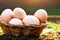 Closeup Eggs in wooden Basket, Generative AI