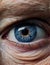 Closeup of an elderly person's eye looking directly into the camera. AI-generated.