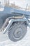 Closeup of exhaust pipe, hood and wheel German armored personnel carrier