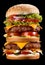 Closeup of extra tall hamburger with delicious ingredients