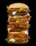 Closeup of extra tall hamburger with delicious ingredients