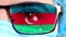 Closeup, eye, part of doctor face in medical mask, glasses, which painted in colors of Azerbaijan flag. Many viruses