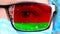 Closeup, eye, part of doctor face in medical mask, glasses, which painted in colors of Belarus flag. Many viruses, germs