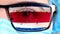 Closeup, eye, part of doctor face in medical mask, glasses, which painted in colors of Costa Rica flag. Many viruses