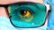 Closeup, eye, part of doctor face in medical mask, glasses, which painted in colors of Kazakhstan flag. Many viruses