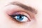 Closeup eyebrow and blue eye. Woman with soft smooth healthy skin and glamorous professional facial makeup. Beauty