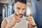 Closeup on face of boxer ready to punch. Portrait of mma fighter ready for boxing workout. Bodybuilder boxing in the