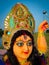 Closeup of face of Goddess Durga, Navratri, Hindu festival.