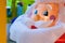 Closeup of the face of an inflatable Santa Claus during the Christmas holidays