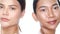 Closeup faces of two beautiful Asian women looking at the camera over white background