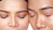 Closeup faces of two beautiful Asian women opening eyes and looking at the camera over white background