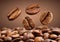 Closeup falling coffee bean on brown background