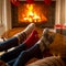 Closeup of family in knitted woolen socks warming at burning fir